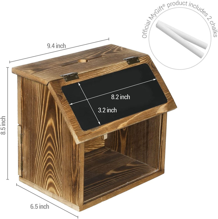 Burnt Wood Locking Suggestion Box with Chalkboard, Clear Front Panel and Top Slot, Restaurant Tip Box, Donation Box-MyGift