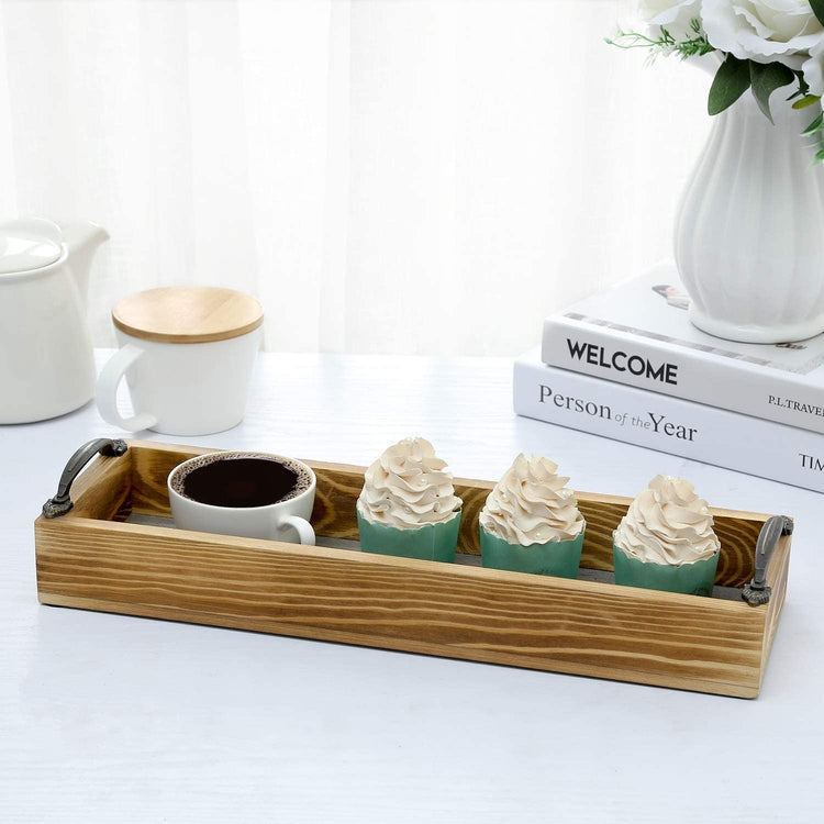16 Inch Multicolored Rustic Brown and Gray Wood Rectangular Serving Tray with Metal Handles-MyGift