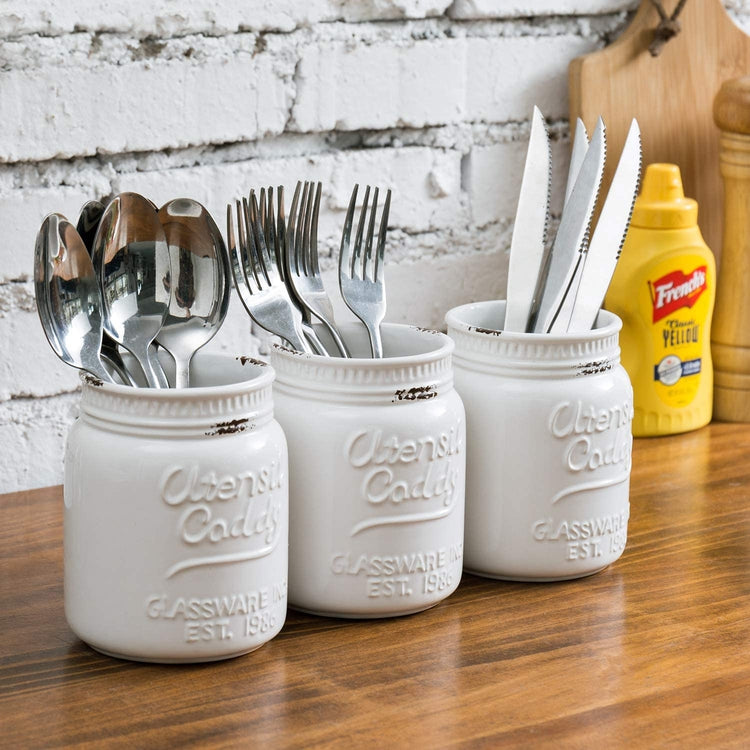 Set of 3 Rustic Farmhouse White Ceramic Mason Jar Kitchen Utensil & Flatware Holders-MyGift