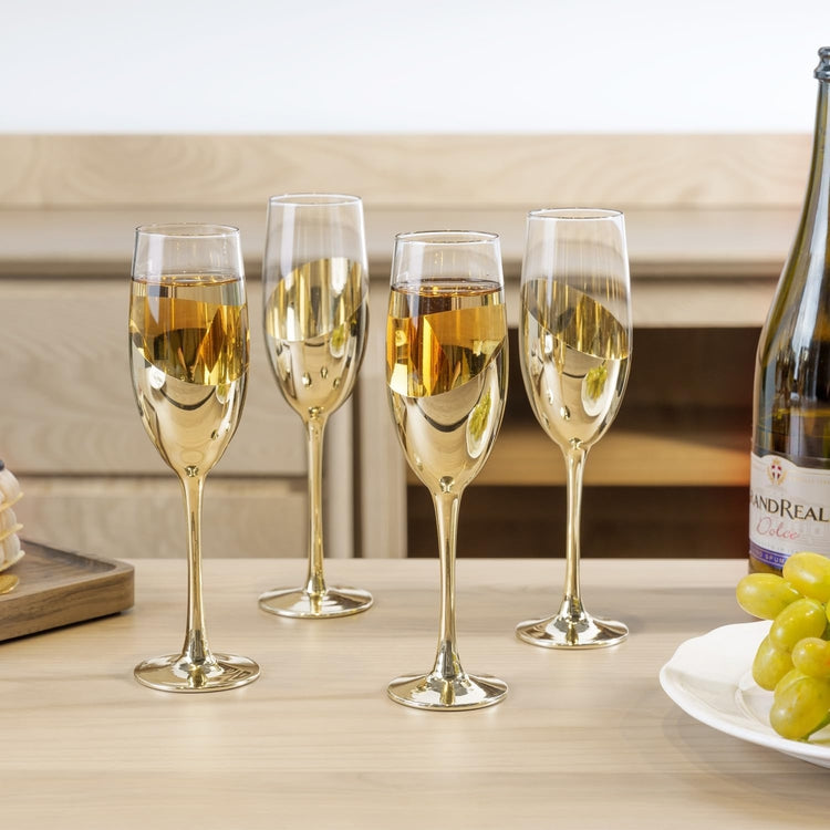 Set of 4, Brass Tone Metallic Plated Stemmed Champagne Flutes, Sparkling Wine Stemware, Toast Glasses with Angled Design