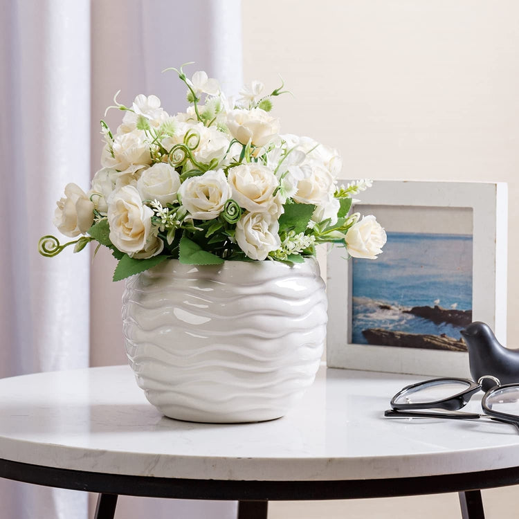 Fake Flower Arrangement in Vase, Artificial White Roses Bouquet with Round Ribbed Pattern Embossed White Ceramic Vase