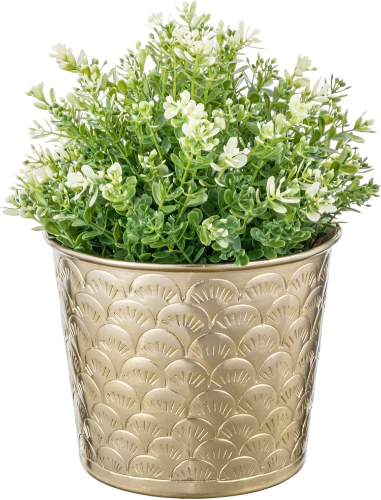 6.5 Inch Brass Tone Metal Tapered Plant Pot with Embossed Ginkgo Leaves Pattern, Planter with Art Deco Design