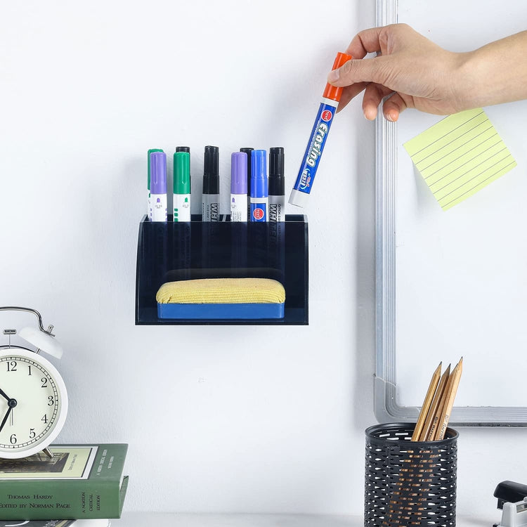 MyGift Modern Dry Erase Marker Holder, Matte Black Metal Wall Mounted Office Whiteboard Accessories and Eraser Organizer Rack