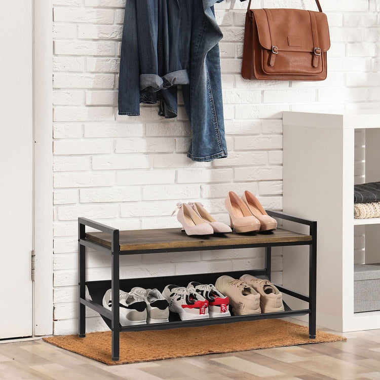 Burnt Wood and Black Metal Frame Entryway Bench Shoe Rack with Leatherette Footwear Sling-MyGift