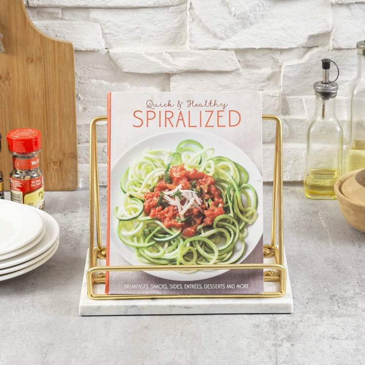 Brass Metal Wire and White Marble Kitchen Cookbook Stand, Countertop Recipe Book and Tablet Holder