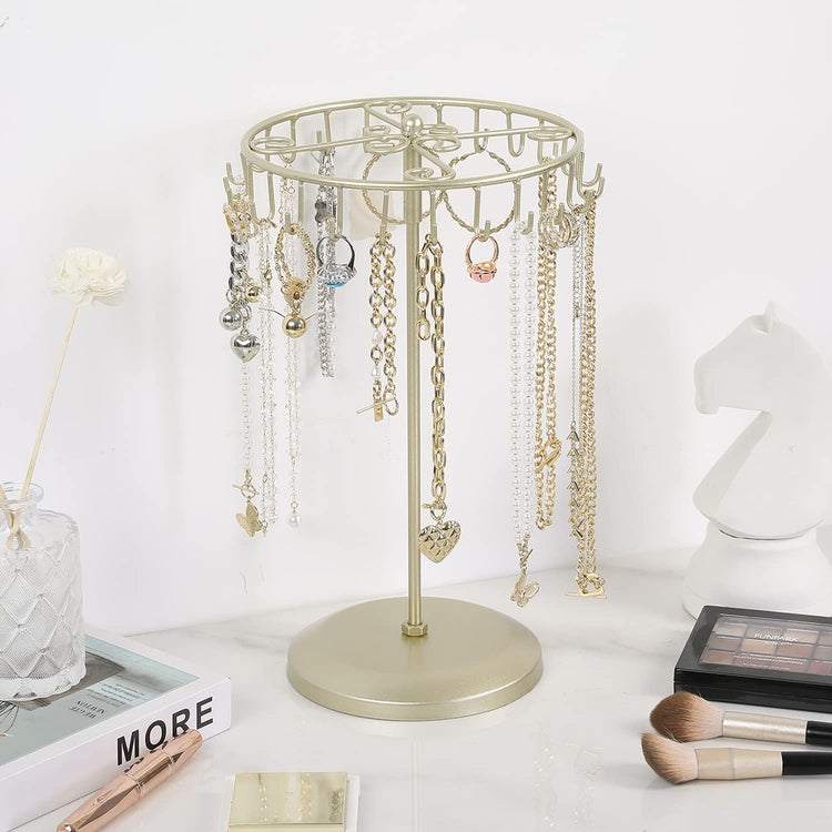 13-Inch Brass Metal Rotating Necklace Holder Organizer, Bracelet Holder Jewelry Tree Stand with 24 Hooks