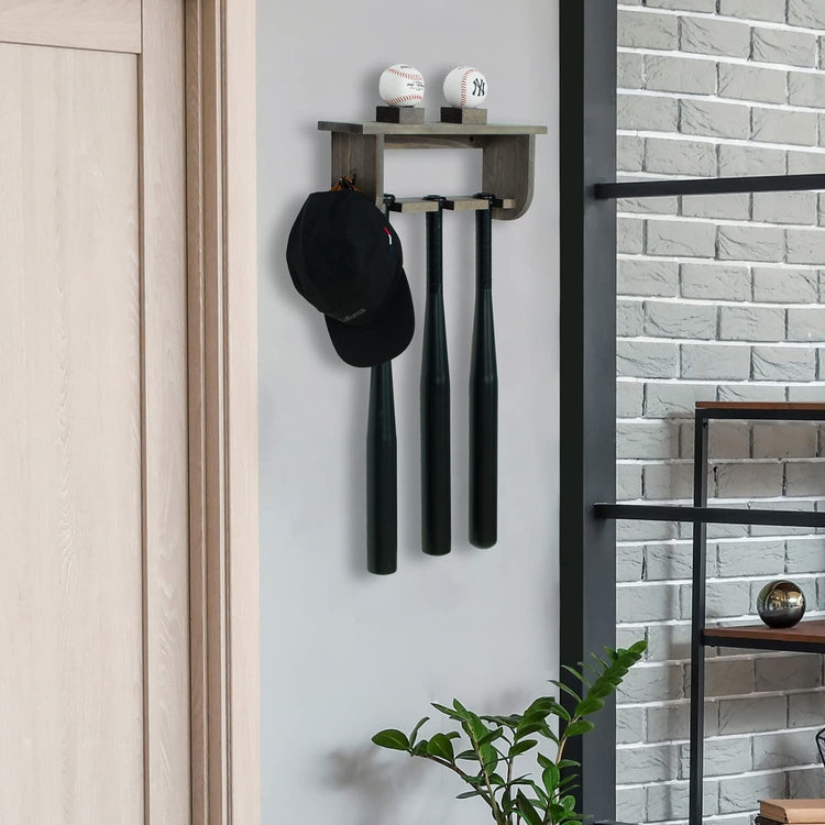 Wall Mounted Baseball Gear Rack, Gray Wood Hat Rack for Wall Hanging Display Shelf, 2 Ball Holders and Cap, Glove Hook-MyGift
