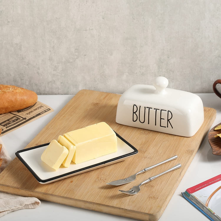 Retro Modern Butter Dish with Cover Lid, Black and White Ceramic Butter Tray Holder-MyGift