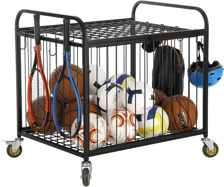 Black Metal Rolling Sports Ball Cage Storage Hopper, Gym Equipment Basket Cart with Lockable Latch, Wheels, and Hooks-MyGift