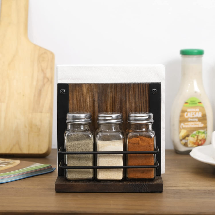 Wood Napkin Holder with 3 Salt and Pepper Shaker Set, Napkin and Spice Bottle Caddy, Farmhouse Serving Table Caddy