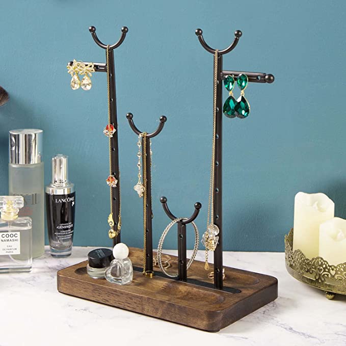 Dark Brown Coffee Tone Jewelry Organizer Stand, Metal Necklace Hanger and  Earring Storage with Wooden Ring Tray Base