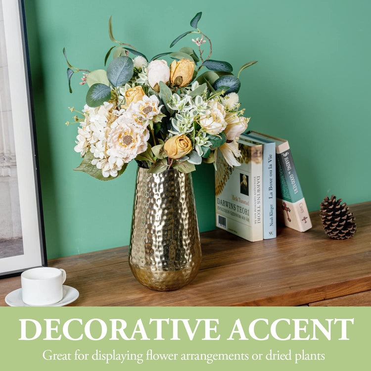9 Inch Tall Hammered Style Brass Tone Metal Flower Vase, Cylindrical Floral Arrangement Display Centerpiece