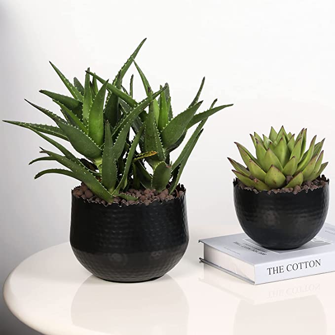 Matte Black Metal Plant Pot with Jagged Live Edge & Hammered Design, Round Planter Bowl with Gold Interior, 2 Piece Set