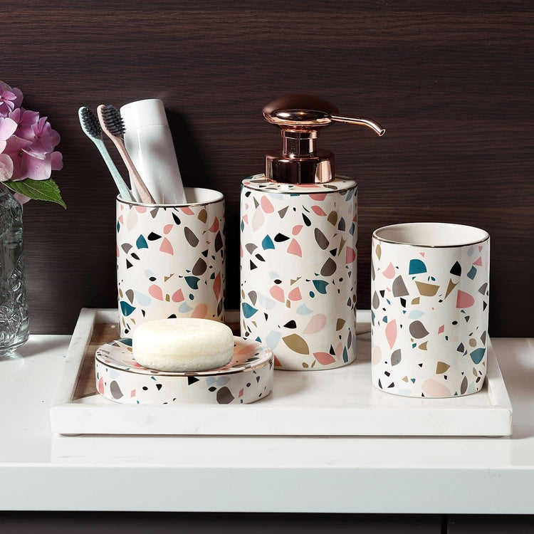 Terrazzo Style Ceramic Bathroom Accessories Set with Soap Dish, Tumblers, Toothbrush Holder, Rose Gold Pump Dispenser