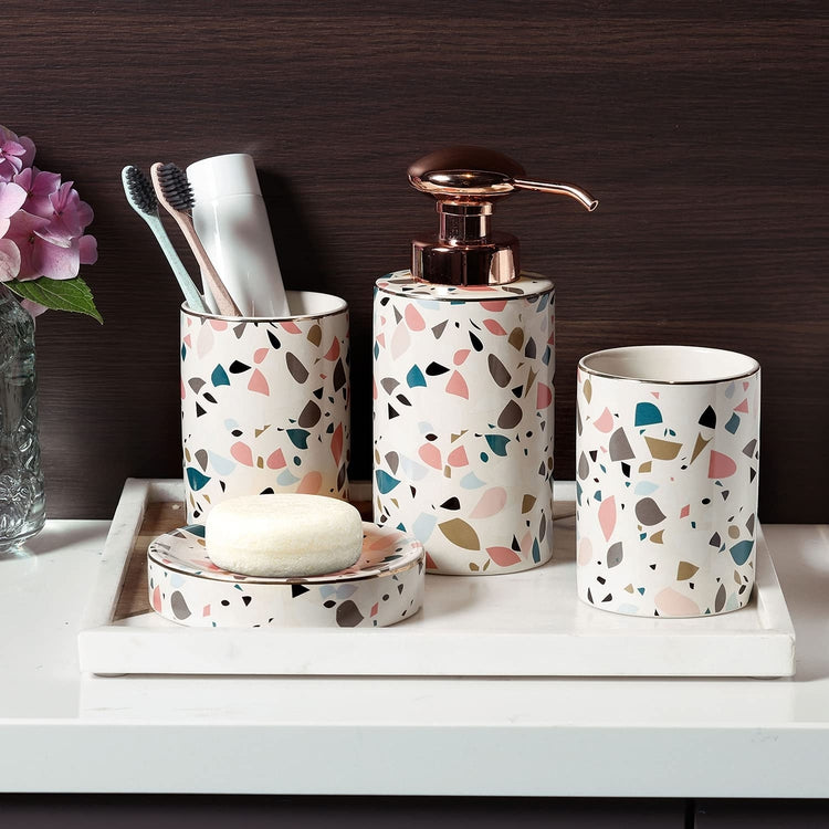 Terrazzo Style Ceramic Bathroom Accessories Set with Soap Dish, Tumblers, Toothbrush Holder, Rose Gold Pump Dispenser
