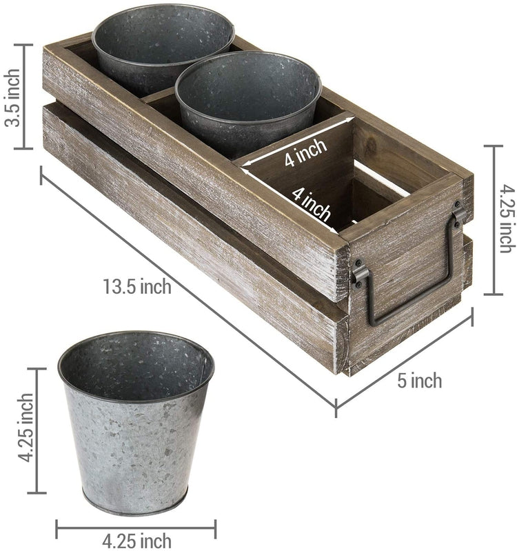 Rustic Utensil Holder with 3 Metal Buckets, Brown Wood Flatware Caddy Crate with Handles-MyGift