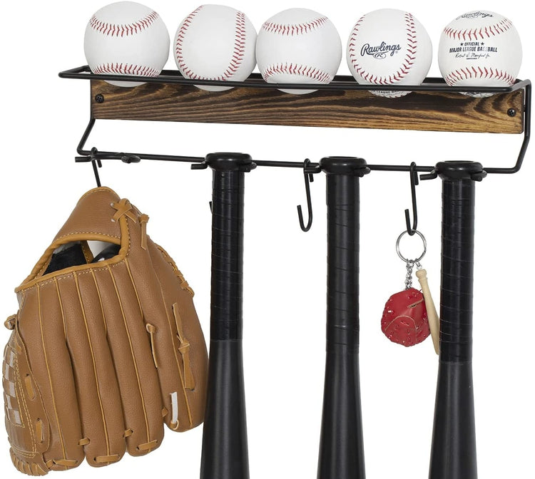Burnt Wood, Black Metal Baseball Softball Equipment Rack, Bats and