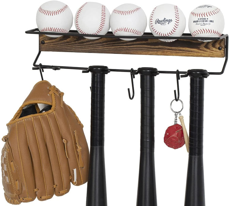 Burnt Wood, Black Metal Baseball Softball Equipment Rack, Bats and Balls Storage Holder, Hooks for Caps, Mitts, Gloves-MyGift
