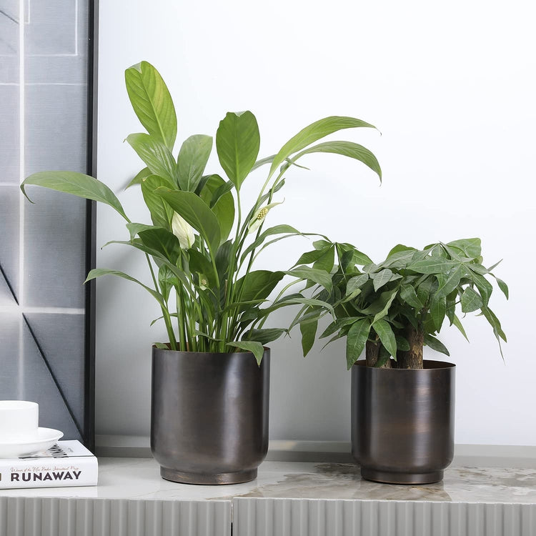 Set of 2, Copper Planter, Metal Cylindrical Indoor Planter Pot-MyGift