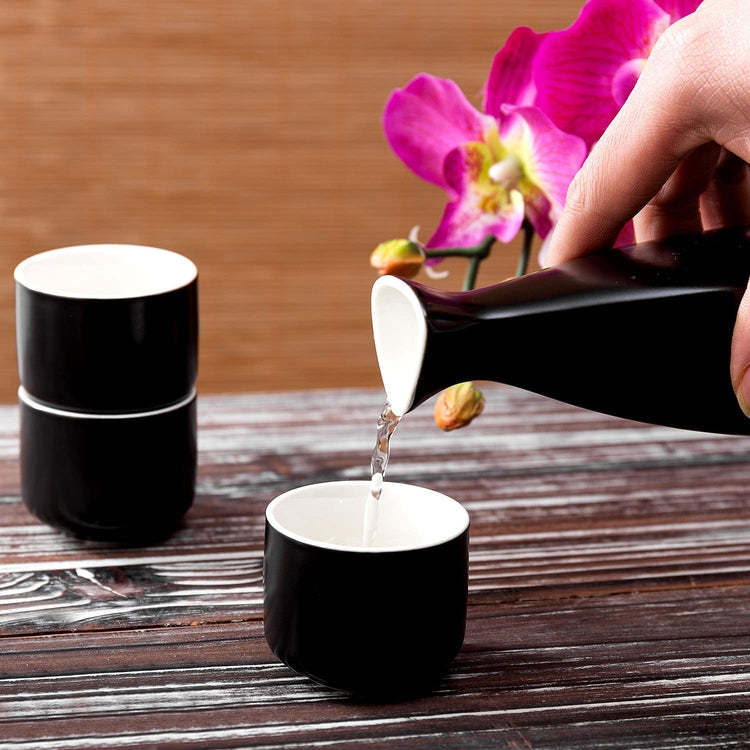 5 Piece Black and White Ceramic Sake Serving Set with Carafe and 4 Glasses, Japanese Drinkware-MyGift