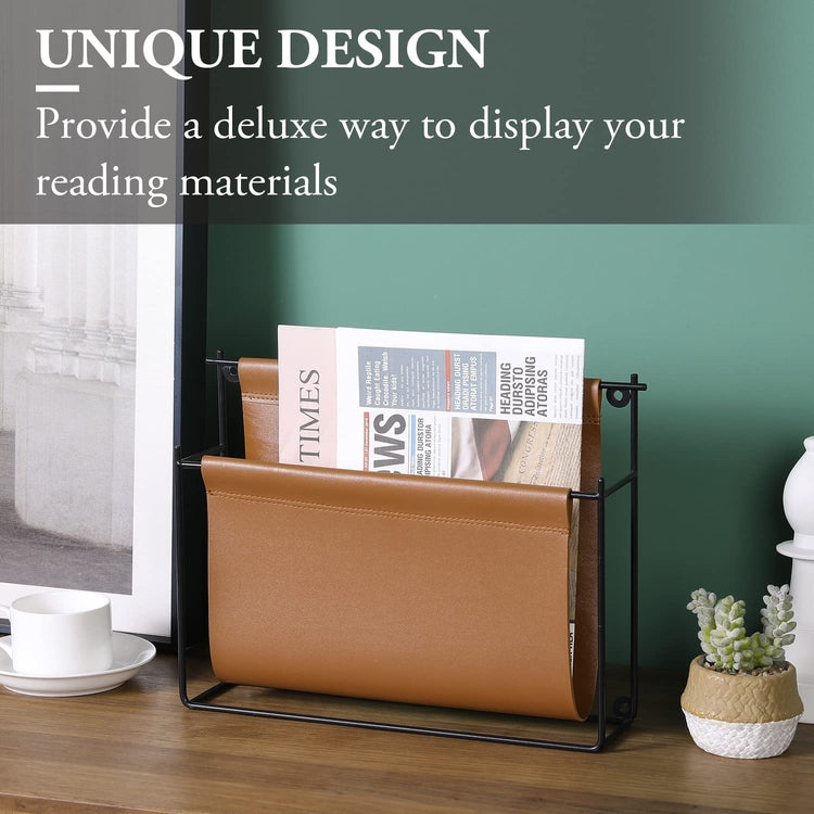 Wall Mounted Magazine Holder with Industrial Black Metal Frame and Caramel Brown Leatherette Sling, Hanging Storage Rack