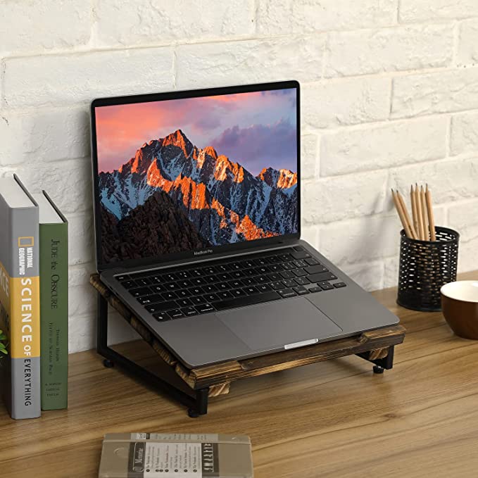 Portable Laptop Stand Burnt Solid Wood and Matte Black Metal Angled Laptop Riser Cooling Stand