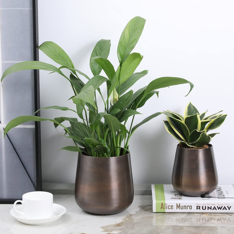 Set of 2, Flower Vase Copper Tone Brushed Metal Tapered Cylindrical Planter, Decorative Indoor Plant Pot-MyGift