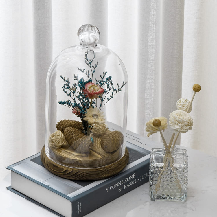 10-inch Glass Dome Bell Jar Cloche Display Case, Wood Base with Burnt and Dark Burnt Finishes