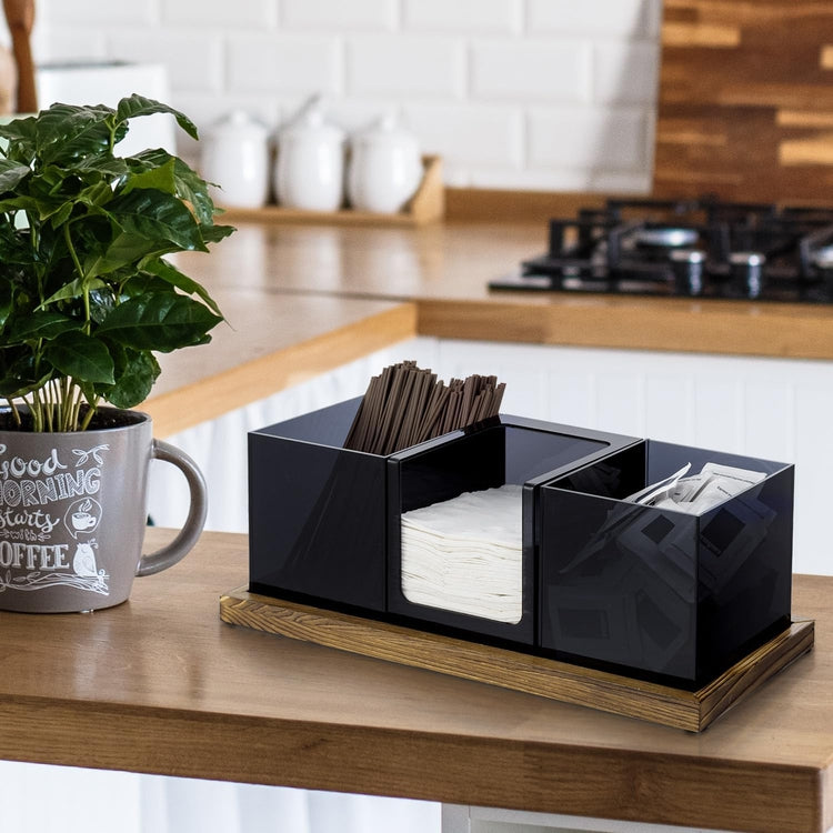 Modular Coffee and Tea Station Organizer with 3 Removable Black Acrylic Compartments and Burnt Wood Decorative Tray-MyGift