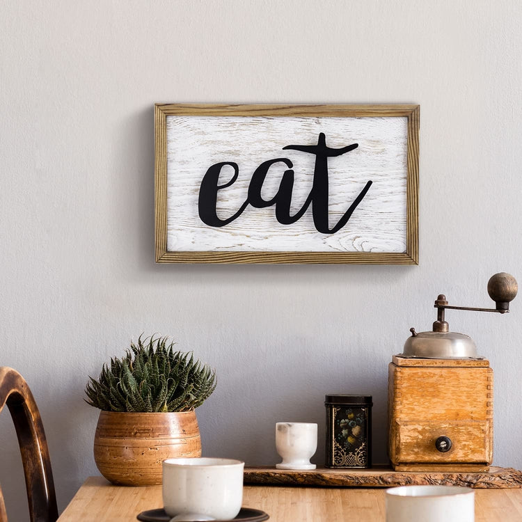 EAT Wall Art Sign, Hanging Whitewashed Wood and Matte Black Cursive Eat Word Sign with Burnt Wooden Frame