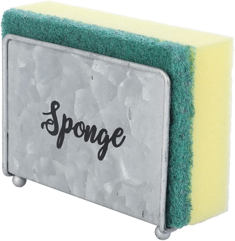 Rustic Galvanized Metal Kitchen Sponge Holder Tray with SPONGE Cursive Writing