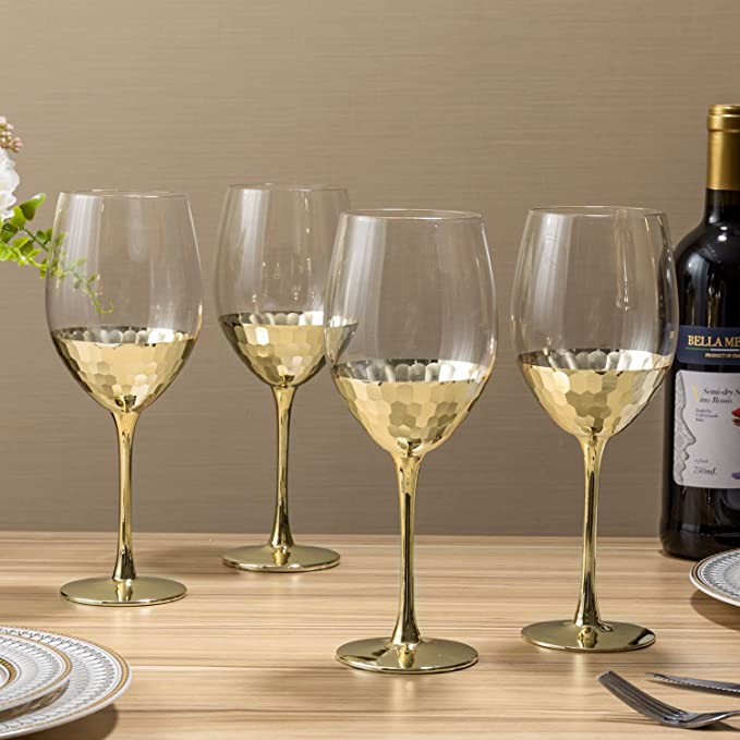 Modern Brass Tone Stemmed Wine Glasses with Hammered Base Design, Set of 4-MyGift