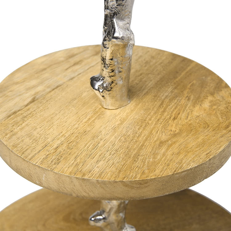 2 Tier Display Serving Tray Tower with Natural Wood and Silver Metal Tree Branch Design Pillar-MyGift