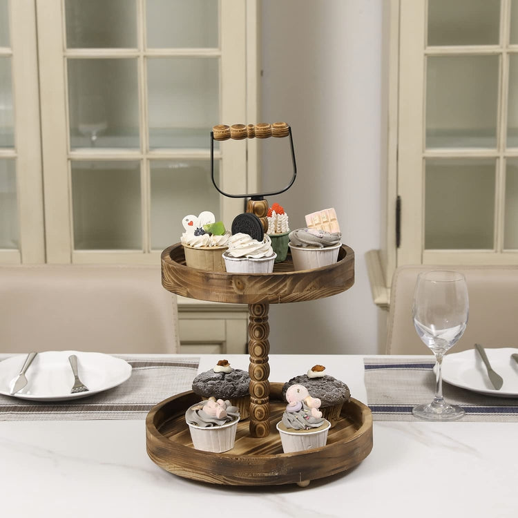 2-Tier Cupcake Stand, Dark Burnt Wood Round Rimmed Dessert and Appetizer Serving Tray Display Tower