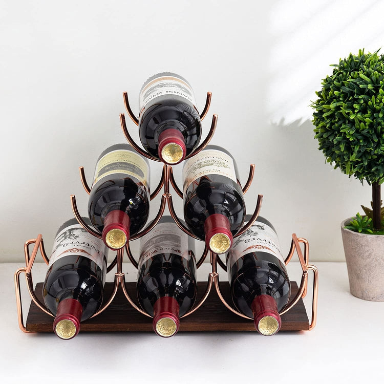 6 Bottle Rose Gold Metal Wire Stacked Wine Rack with Burnt Wood Base