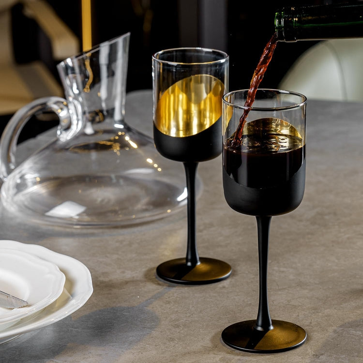 Modern Matte Black & Gold Stemmed Wine Glasses, Set of 4