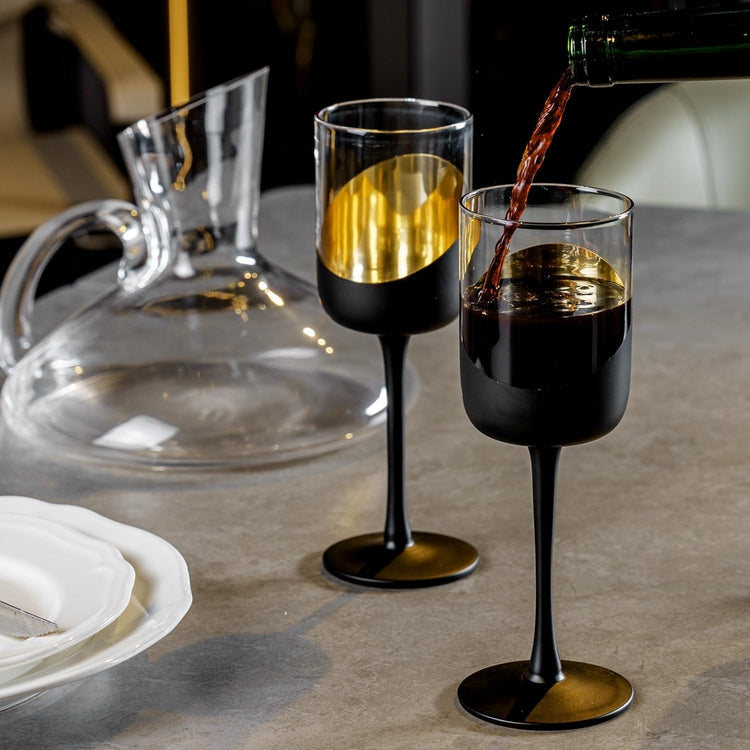 Set of 4, 14 oz Tilted Matte Black and Gold Tone Plated Round Stemmed Wine  Goblet Glasses, Angled Dipped Stemware