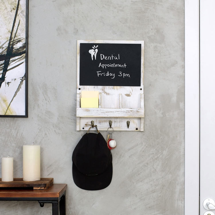 Whitewashed Wood Wall Organization Set with Chalkboard, Mail Holder, and 3 Dual Hooks for Keys and Mask