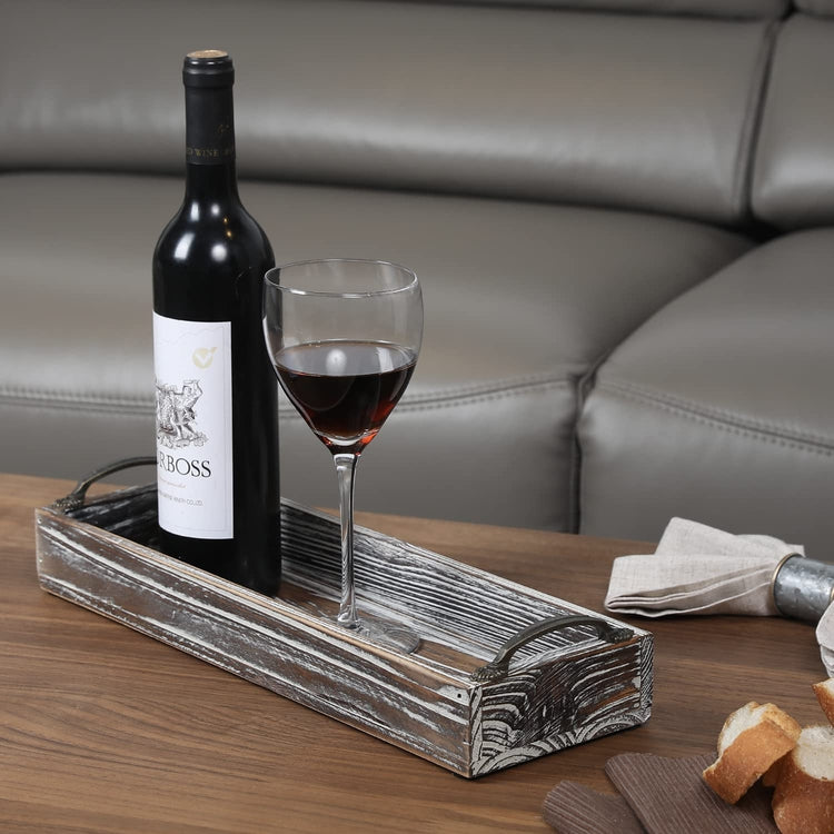 Torched Wood Rectangular Serving Tray with Vintage Handles, 16 x 5 Inches