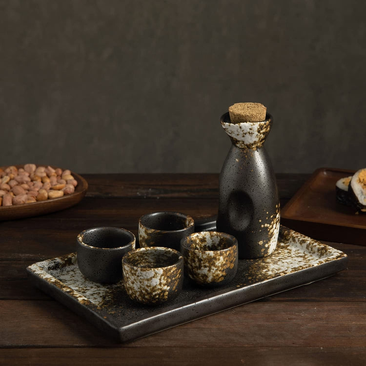 Japanese Dark Brown and White Speckled Ceramic Sake Set, with 4 Shot Glasses, Serving Tray, and Carafe Bottle, Cork Lid-MyGift