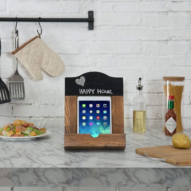 Burnt Wood Cookbook Stand with Chalkboard and Kickstand