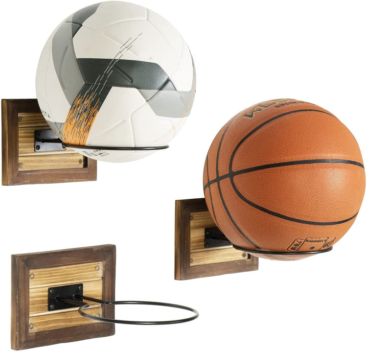 Set of 3, 2 Burnt Wood and Black Metal Sports Ball Holder for Home Gym, Sports Equipment Storage Display Rack-MyGift