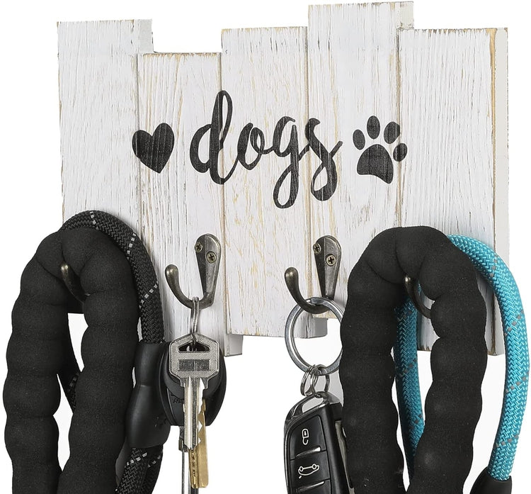 Wall Mounted Dog Leash Holder, Whitewashed Wood Hanging Key Hook Rack with Cursive DOGS Label, Heart and Paw Print Decal-MyGift