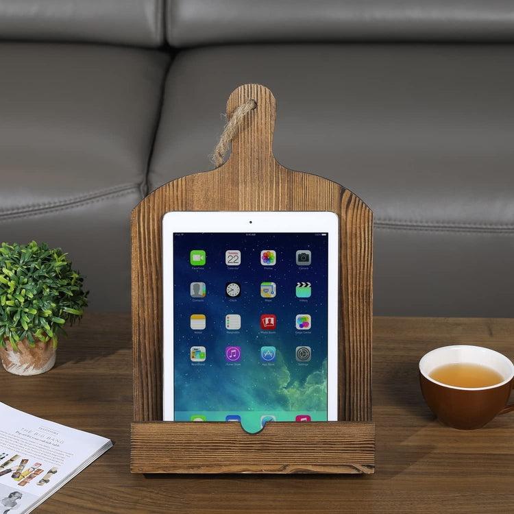 Cutting Board Shaped Cookbook Stand, Burnt Wood Recipe Book Holder with Rope Handle