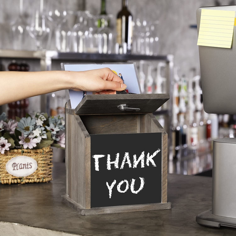 Weathered Gray Wood Lock Suggestion Box, Tip, Donation Box, Wall Mounted Locking Ballot Box, Clear Acrylic Sign Holder and Chalkboard