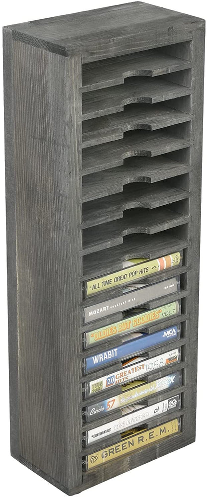 16-Slot Gray Solid Wood Freestanding Retro Cassette Tape Storage Rack Tower-MyGift