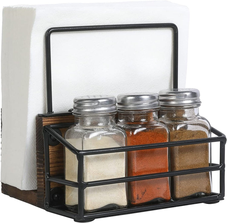Burnt Wood and Industrial Black Metal Napkin Holder Rack with 3 Salt Pepper Spice Shakers-MyGift
