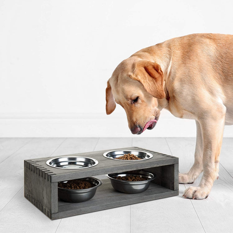 Gray Wood Small Pet Raised Feeder Stand with 4 Removable Stainless Steel Bowls-MyGift