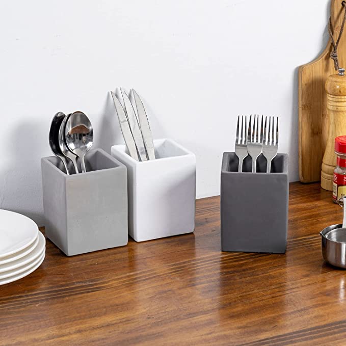 MyGift Modern Matte Black Ceramic Kitchen Countertop Utensil Holder Cooking Tools Storage Canister with Decorative White Utensils Design