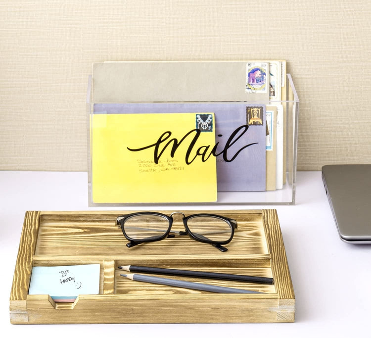 Clear Acrylic Mail Sorter Box w/ Cursive Decorative "Mail" Label and Burnt Wood Office Supplies Tray
